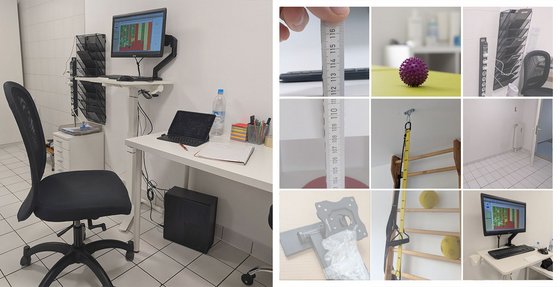 Bildcollage: Büroarbeitsplatz mit höhenverstellbarem Tisch sowie Detailfotos neuer Ausstattung (Maßband, Igelball, Zeitschriftenhalter, Sprossenwand mit Redcord-Band, Monitorhalterung).