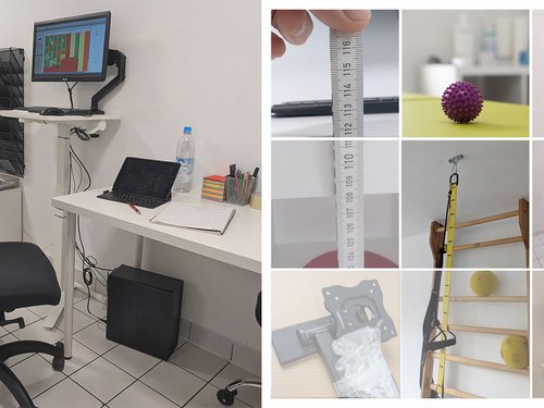 Bildcollage: Büroarbeitsplatz mit höhenverstellbarem Tisch sowie Detailfotos neuer Ausstattung (Maßband, Igelball, Zeitschriftenhalter, Sprossenwand mit Redcord-Band, Monitorhalterung).