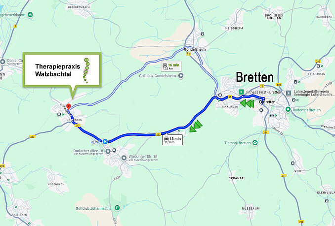 Anfahrt von Bretten zur Therapiepraxis Walzbachtal Anfahrt von Bretten zur Therapiepraxis Walzbachtal