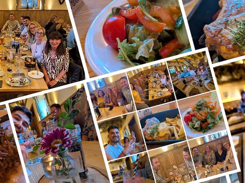 Bildcollage vom Sommerfest im Restaurant: Team am Tisch, Salatteller, Steak-Gericht, Röstzwiebel-Gericht, Blumendeko und ein Cocktail.