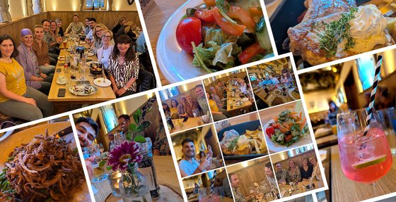 Bildcollage vom Sommerfest im Restaurant: Team am Tisch, Salatteller, Steak-Gericht, Röstzwiebel-Gericht, Blumendeko und ein Cocktail.