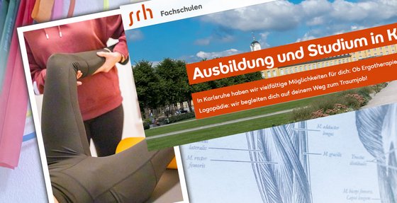 Bildcollage zur Kooperation mit den SRH Fachschulen Karlsruhe: Patientin bei einer Dehnübung mit Therapieband, Werbebanner „Ausbildung und Studium in Karlsruhe" und eine anatomische Muskel-Illustration.