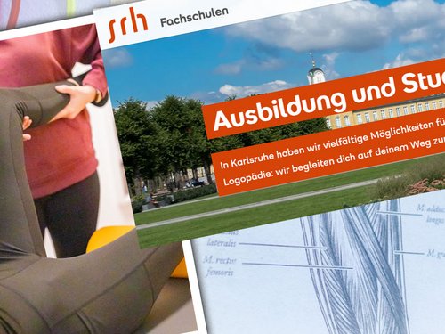 Bildcollage zur Kooperation mit den SRH Fachschulen Karlsruhe: Patientin bei einer Dehnübung mit Therapieband, Werbebanner „Ausbildung und Studium in Karlsruhe" und eine anatomische Muskel-Illustration.