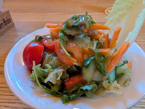 Bunter Salatteller mit Karottenstreifen, Cherry-Tomaten, Salatblättern und Dressing.