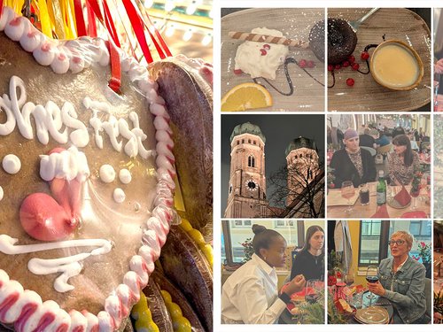 Bildcollage vom Weihnachtsessen: Schokoladenkuchen mit Orangenscheibe, zwei Kolleg:innen beim Fotografieren, Frauenkirche München bei Nacht, Kolleginnen am Tisch, Weihnachtsdeko und Anstoßen.