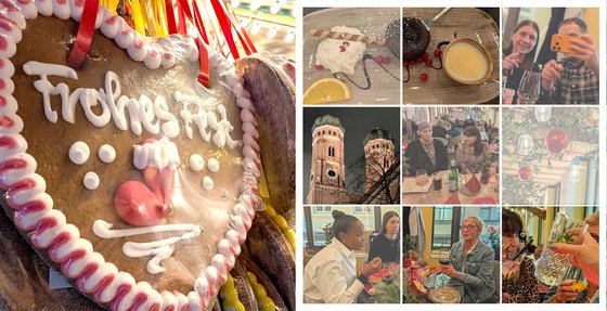 Bildcollage vom Weihnachtsessen: Schokoladenkuchen mit Orangenscheibe, zwei Kolleg:innen beim Fotografieren, Frauenkirche München bei Nacht, Kolleginnen am Tisch, Weihnachtsdeko und Anstoßen.