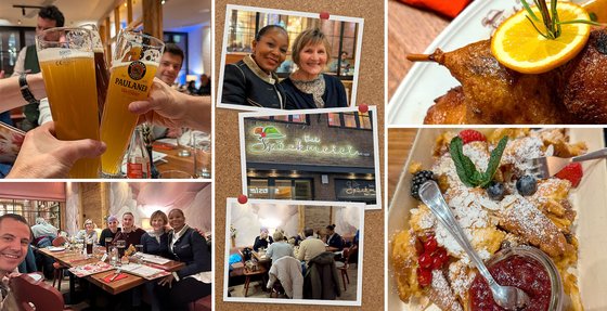 Bildcollage vom Weihnachtstreffen: Anstoßen mit Weißbier, Team am Tisch, zwei Kolleginnen-Porträt, Leuchtreklame Der Spöckmeier, Entengericht und Kaiserschmarrn.